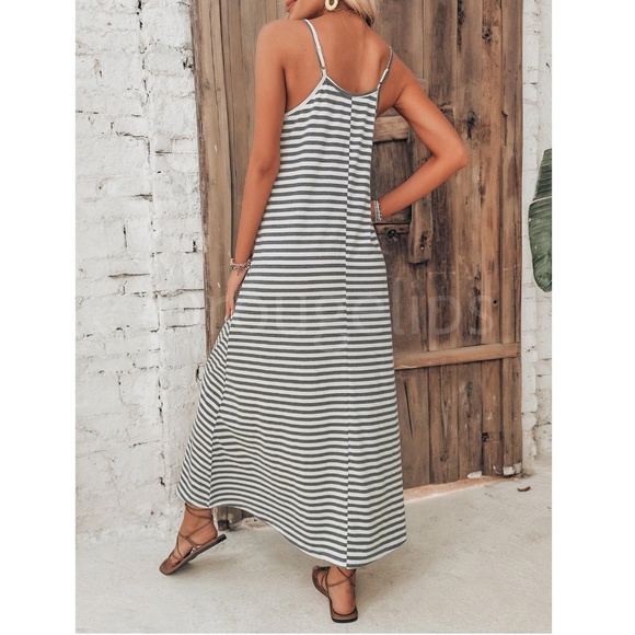 Loose Fitting Striped Cami Dress Maxi Long Flared V-Neck White Grey - Picture 3 of 9